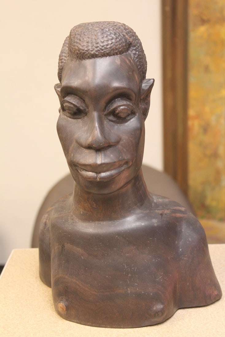 Carved Hardwood of a Black Man: most likely ebony - bust - old - please note: split, crack, due to age - 12 3/8" tall