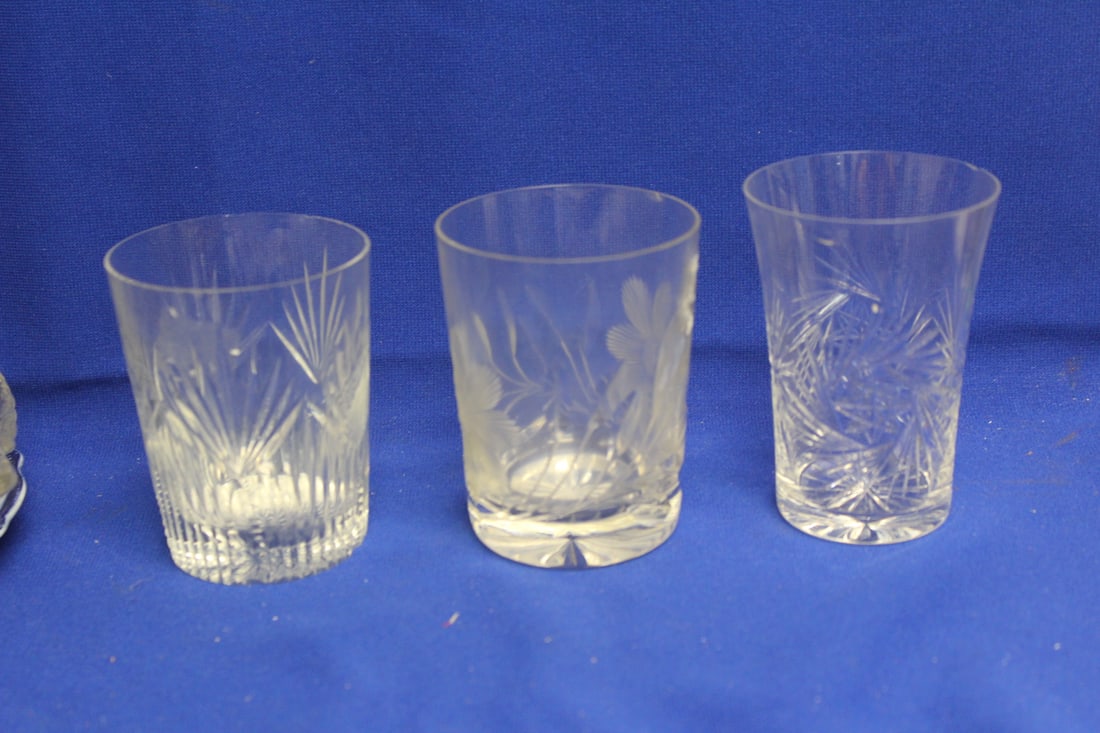3 Cut Glass Tumblers: please note: all have flea bites - tallest= 4 1/4"