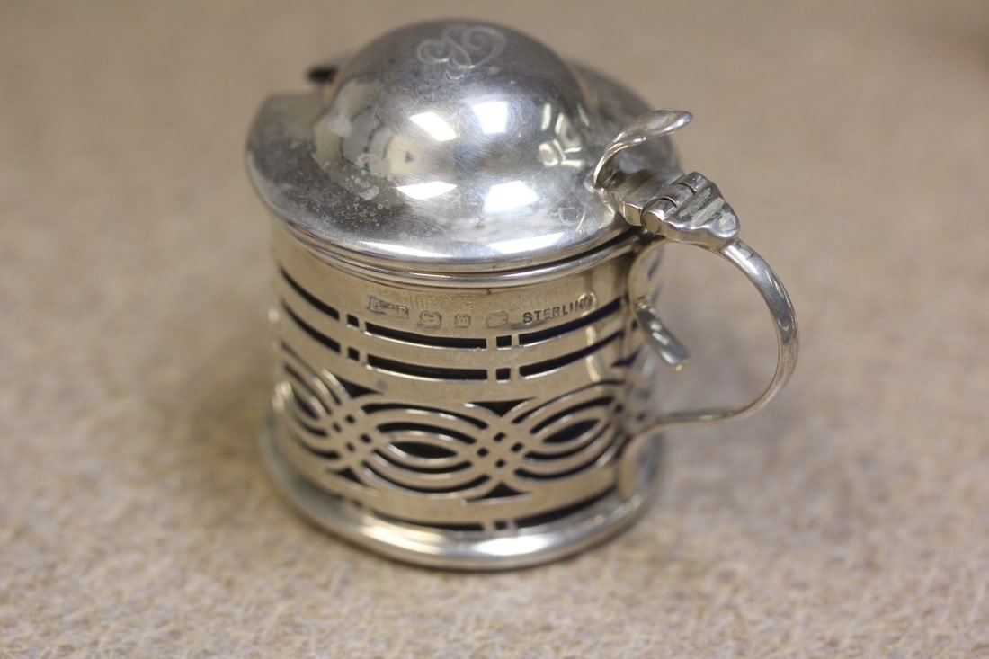 Sterling Silver and Glass Insert Salt Container: please note: monogrammed - 2 1/4" tall