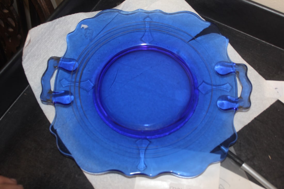 Cobalt Blue Glass Tray: with 2 handles - 11 1/2" in diameter, including the handles