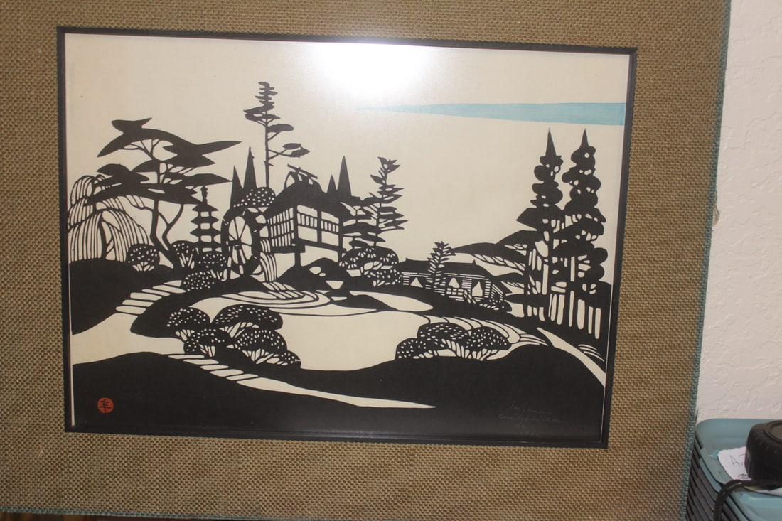 Ini Kumo Original Woodcut: framed and signed - Japanese - overall= 24" x 19" - mid century modern art - early 1960's
