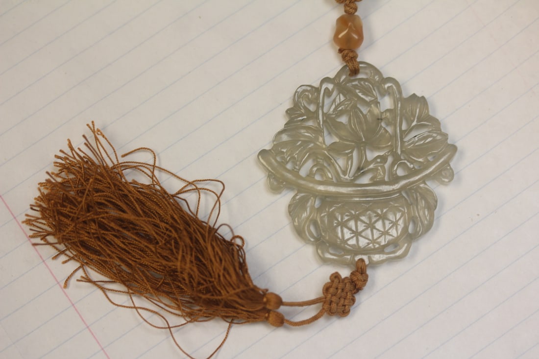 Jadeite Pendant: overall= 9 1/4" long approximately