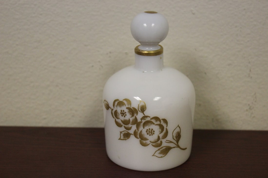A Milk Glass Perfume Bottle: 5 1/4" tall