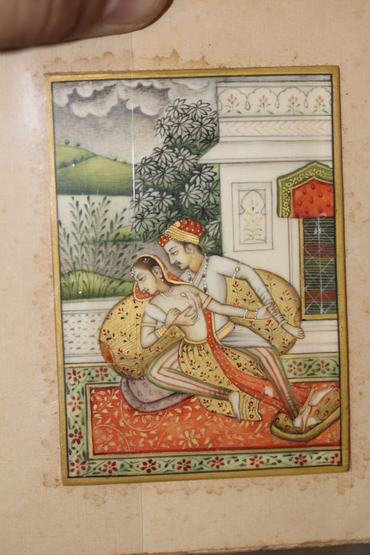 Antique India Erotic Painting on Bone: image= 3 1/4" x 2 1/4" - most likely 19th century