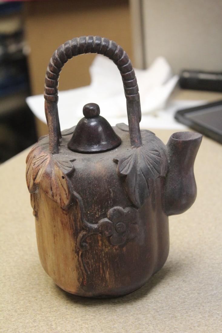 Chinese/Asian Carved Teapot: hardwood - 7 5/8" tall - old