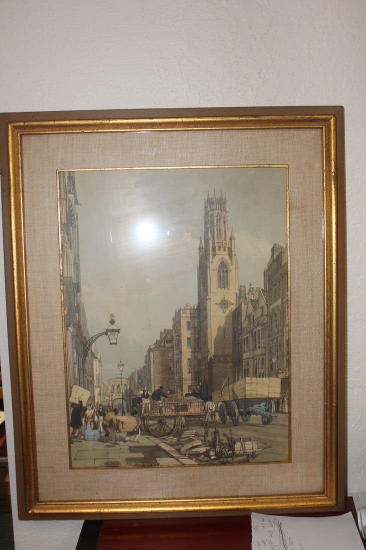 Framed London Street Scene: print or engraving - overall= 21 3/4" x 18"