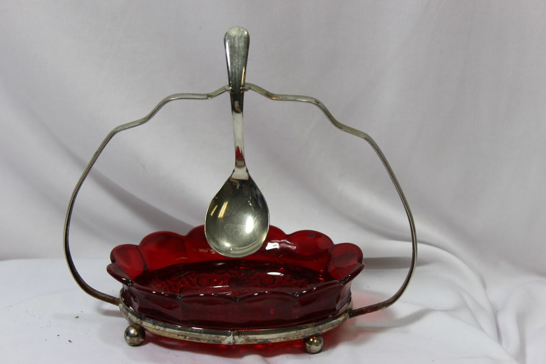 A Ruby Red Glass Sugar Container: with spoon - glass tray= 5 3/8"across