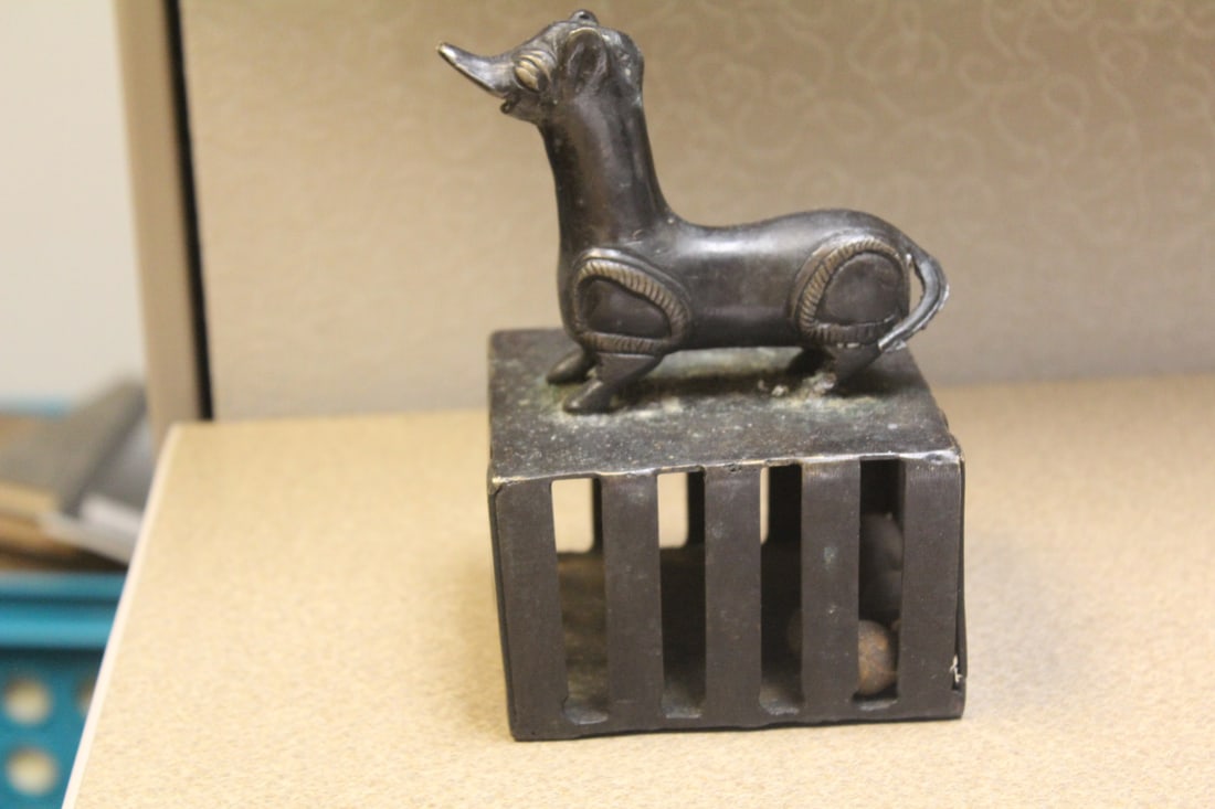 Antique/Vintage Asian Beast Box: bronze -with appeared to be solid metal balls inside - 6 1/2" tall