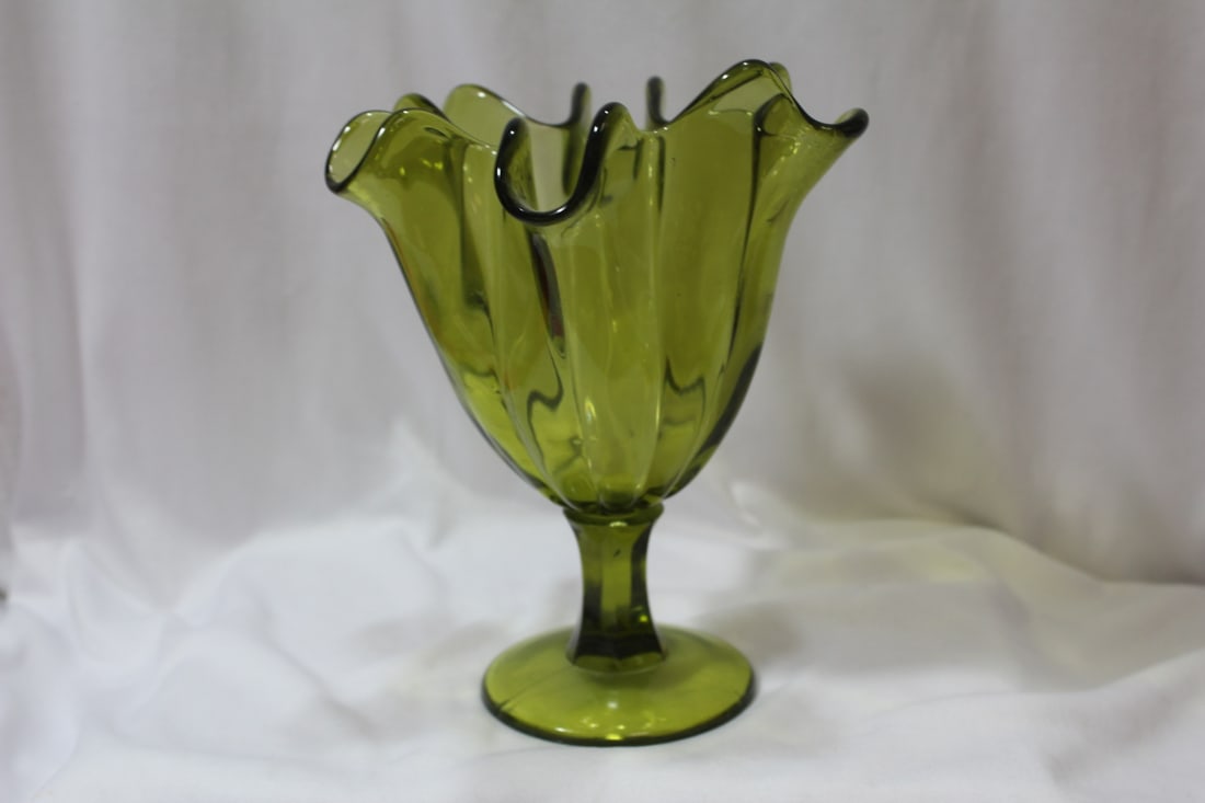 A Green Glass Stem Cup: foliated rim - 7 3/4" tall