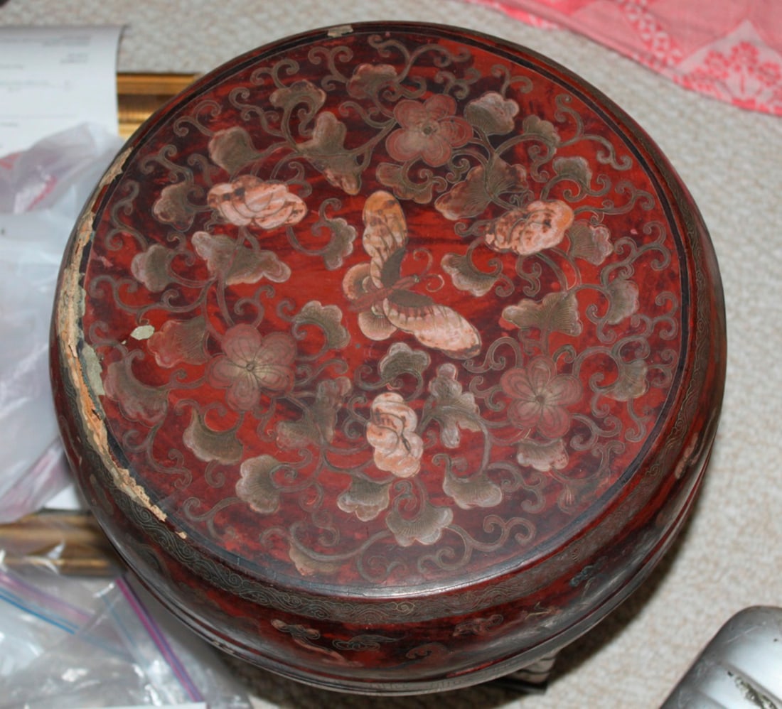 Antique Chinese 19th Century Lacquer Food Box: 12 1/2" in diameter - In worn condition.