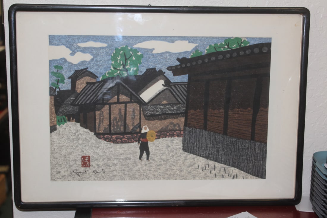 Signed Kyoshi Saito Woodblock Print: signed and framed - overall= 19 3/4" x 13 5/8"