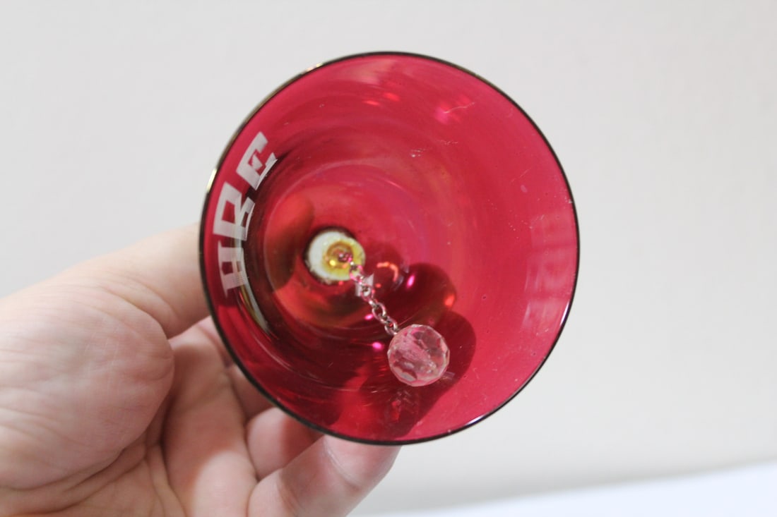 An Etched Ruby Red Glass Bell - 3