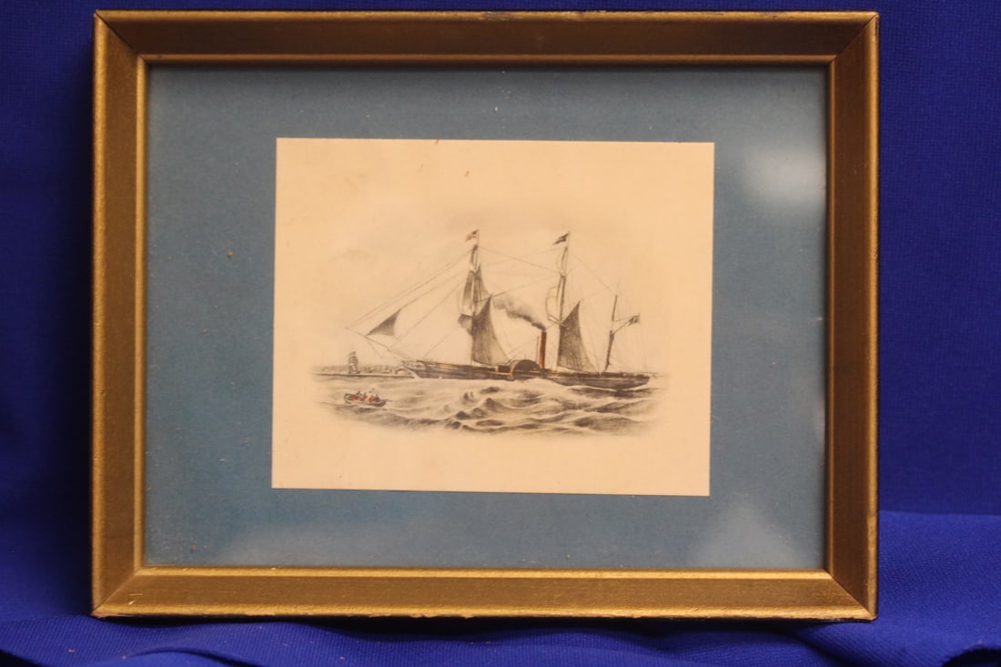 A Vintage Framed Litograph of a Clipper Ship: overall= 8 7/8" x 6 7/8"