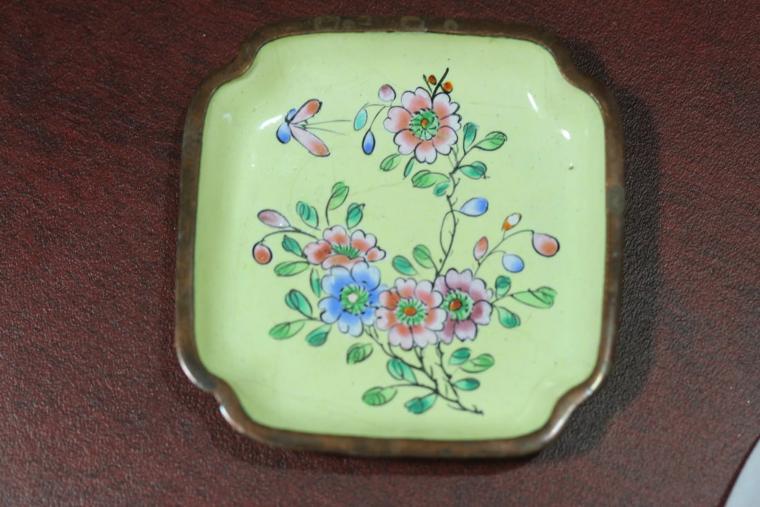 A Marked Enamel Dish: marked "China" - 3" square