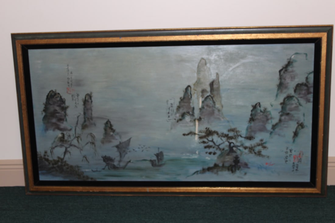 A Signed Chinese Oil on Board Painting: probably mid 20th century - overall= 53" x 29' 
