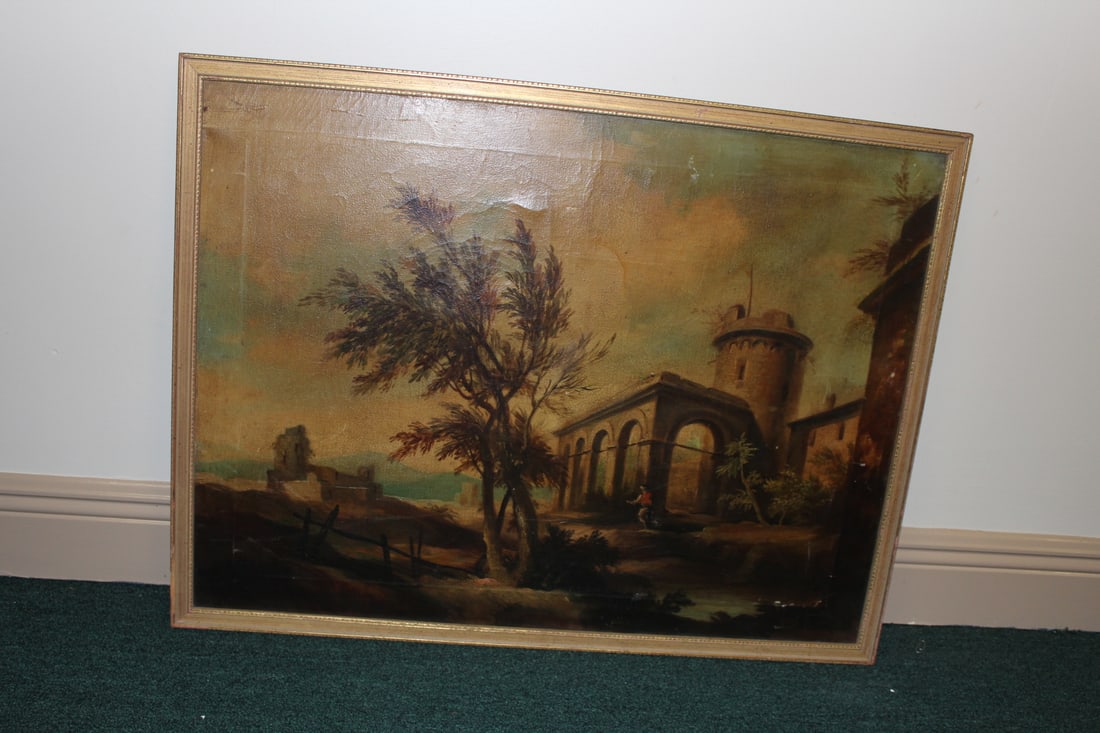 An Antique/Vintage Oil on Canvas of a Building: marked Italy on the base - no visible signature - probably 1930's to 1940's - overall= 33" x 25 1/8" - it can use some cleaning and touch up 