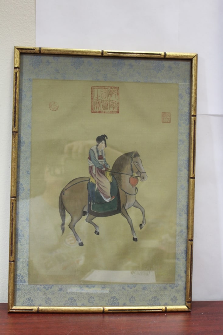 A Chinese Pastel on Silk Painting: 3 seals - overall= 20" x 14" 