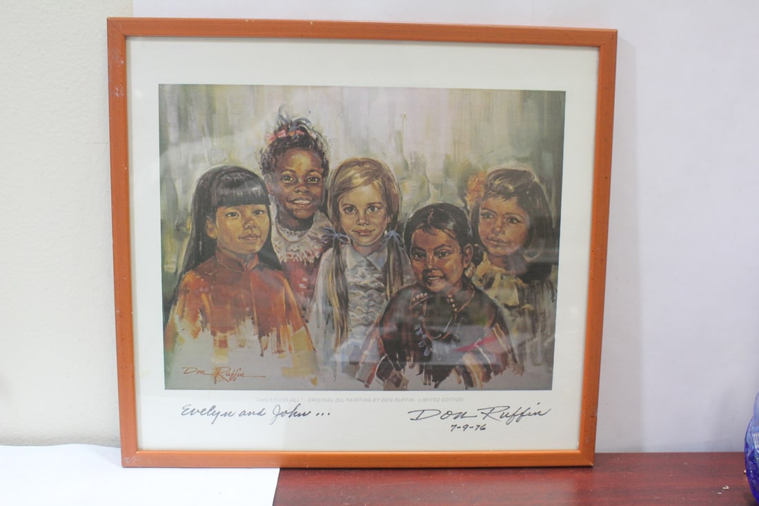 A Rare Signed Don Ruffin Lithograph or Print: overall= 14" x 12 3/4" - Americans All
