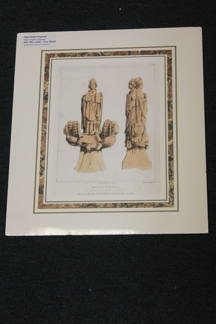 Pugin's Gothic Ornaments Lithograph: hand colored - unframed - overall= 16" x 14" 