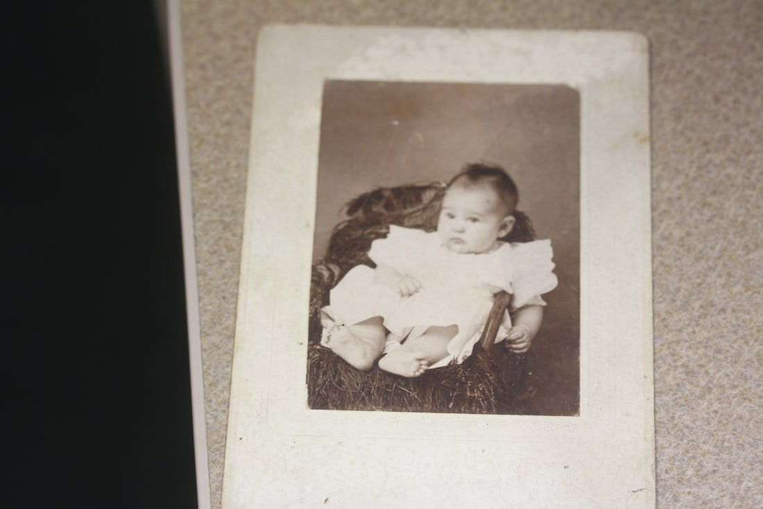 Vintage black and white photograph of a baby: overall 6" x 4 1/4" 