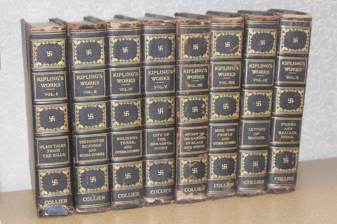 8 Volume leather bound book: Rare Kiplings works, possibly work war II, German swastica era, partical set, by collier