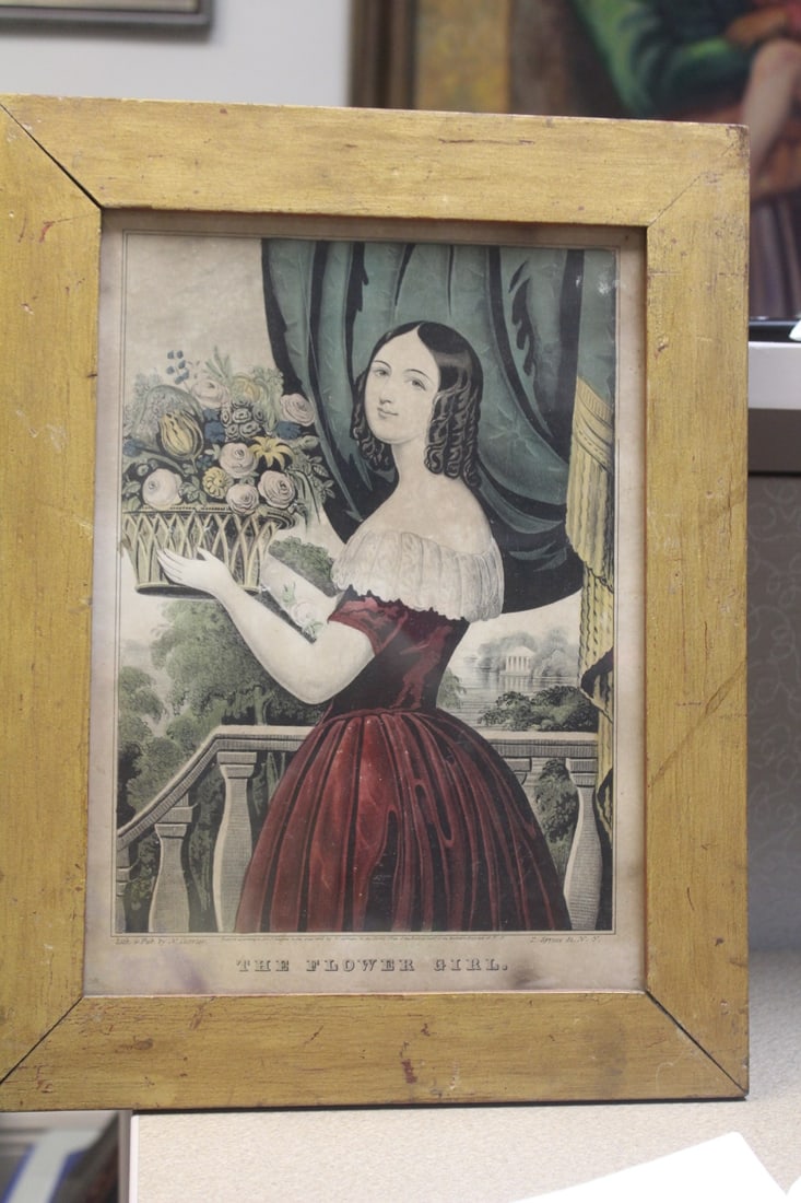 The Flower Girl Print by N Currier: believed to be old - overall= 16 3/4" x 13" 