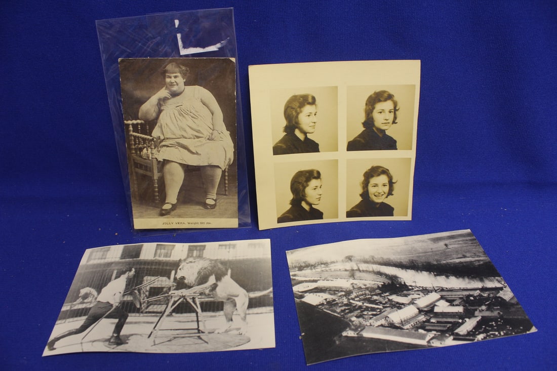 Lot of 4 Circus Related Postcards: including a rare Jolly Vera 560lb woman postcard 