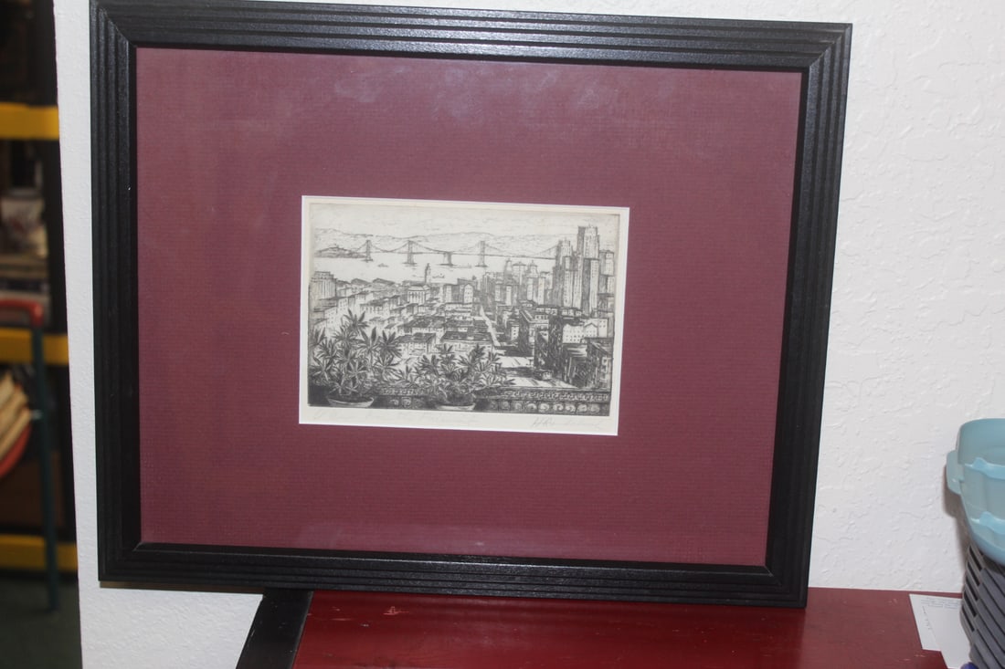 Signed Harriet Roudebush Engraving: or etching - framed - overall= 15 3/4" x 12 1/2" - sight= 6 1/2" x 4 1/2 inches