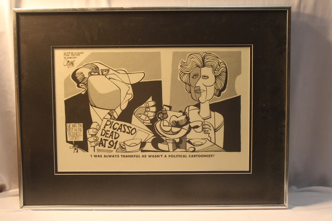 A Framed Denver Post Cartoon by Oliphant: 23 1/4" x 17 1/4" 