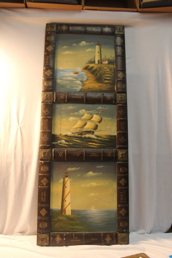 Three Oil on Board Paintings: in one panel of light houses/ship - overall= 46 1/2" x 17 1/2" 