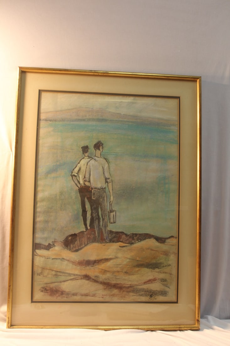 A Framed Painting: believed to be crayon on paper - artist unknown - possibly a Chinese painter - overall= 34" x 25" 