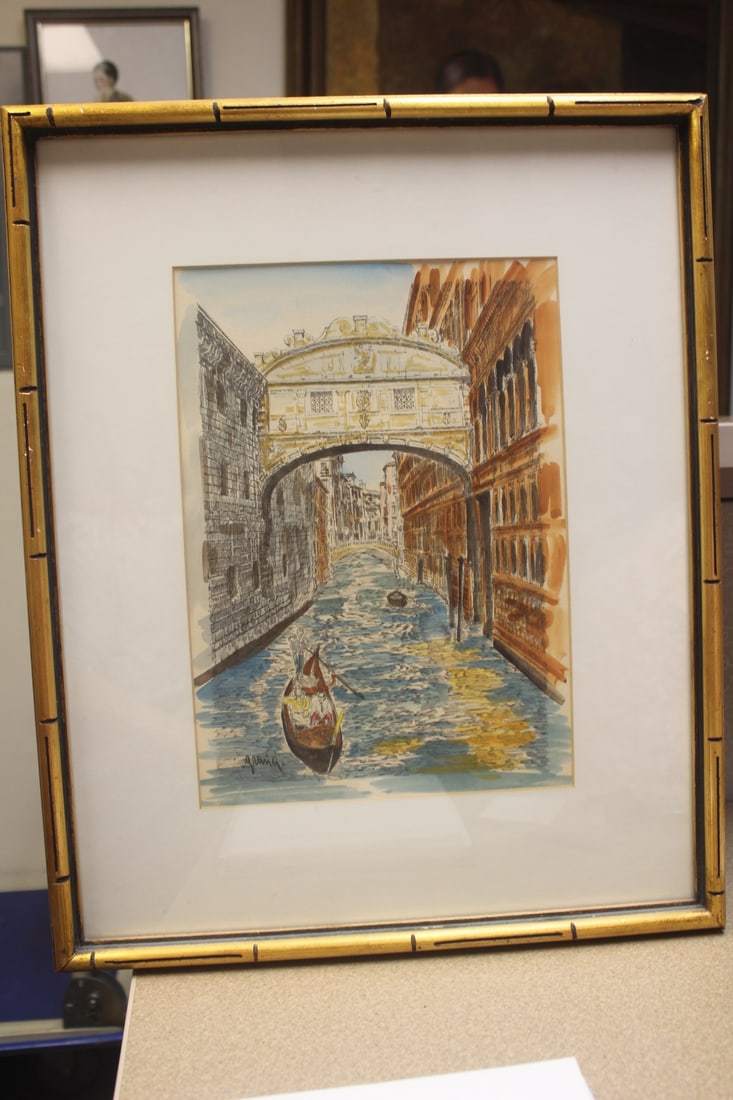Vintage Etching and Watercolour: Bridge of Sights, Venice scene - framed - overall= 20 7/8" x 17 1/8" - signed by artist