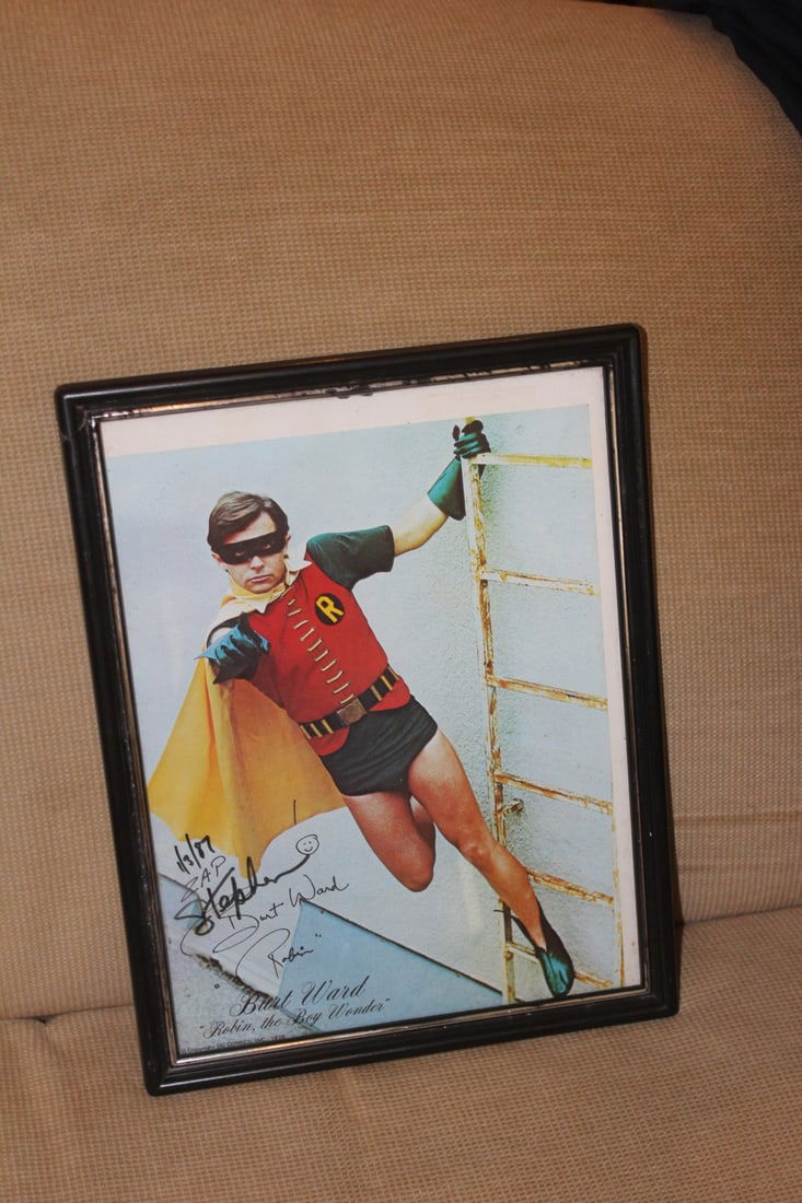 Burt Ward Robin Print: framed - please note: frame has a crack as shown - chips on the frame as well - 13" x 10" 