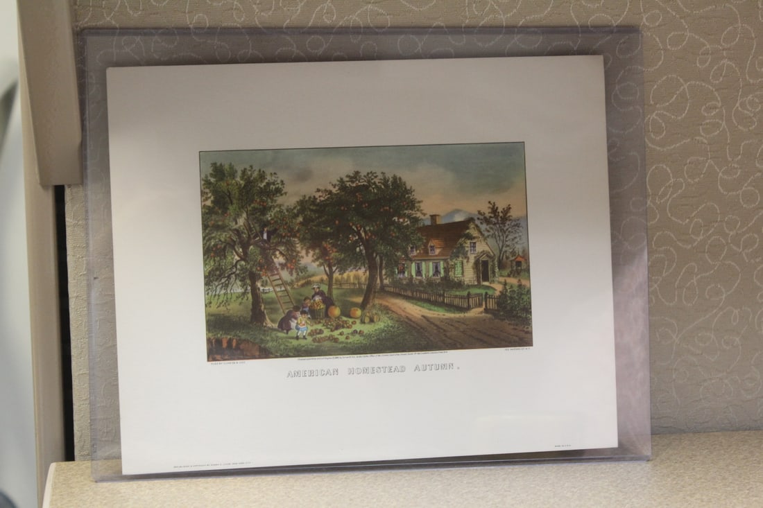 Vintage Currie and Ives Print: Homstead Autumn - inside a plastic rigid sleeve - print overall= 9 7/8" x 7 7/8" 