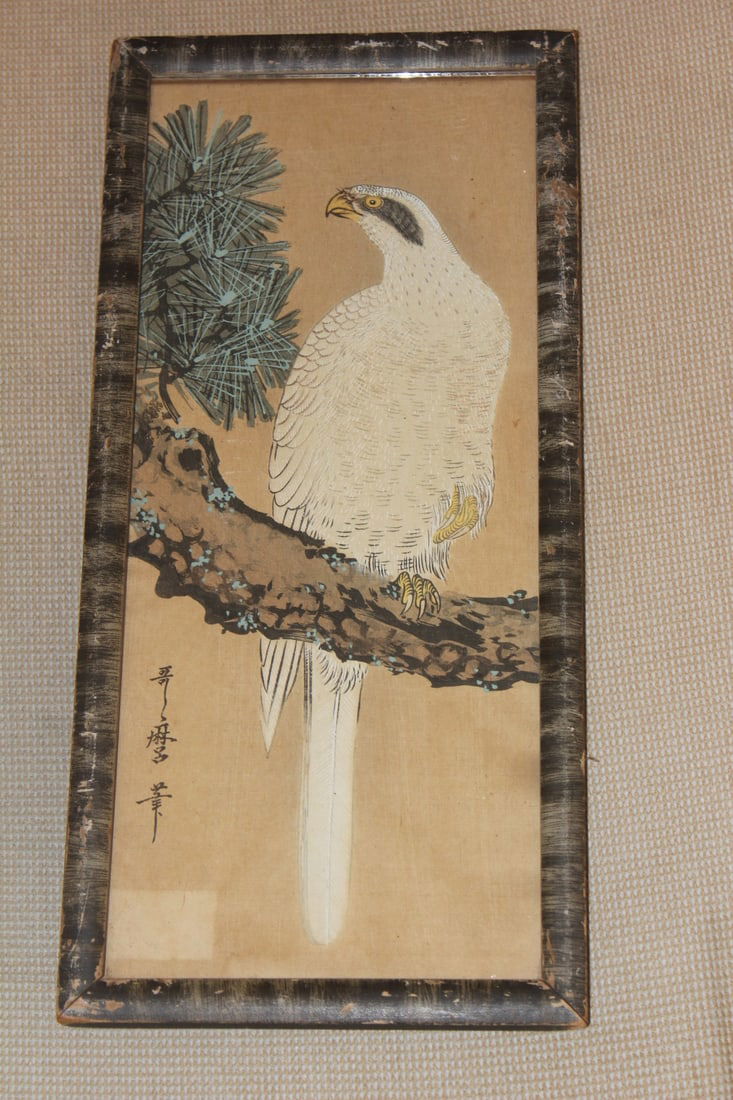 Utamaro Painting : Falcon on Pine Tree: 19th century - framed - overall= 15" x 7" 