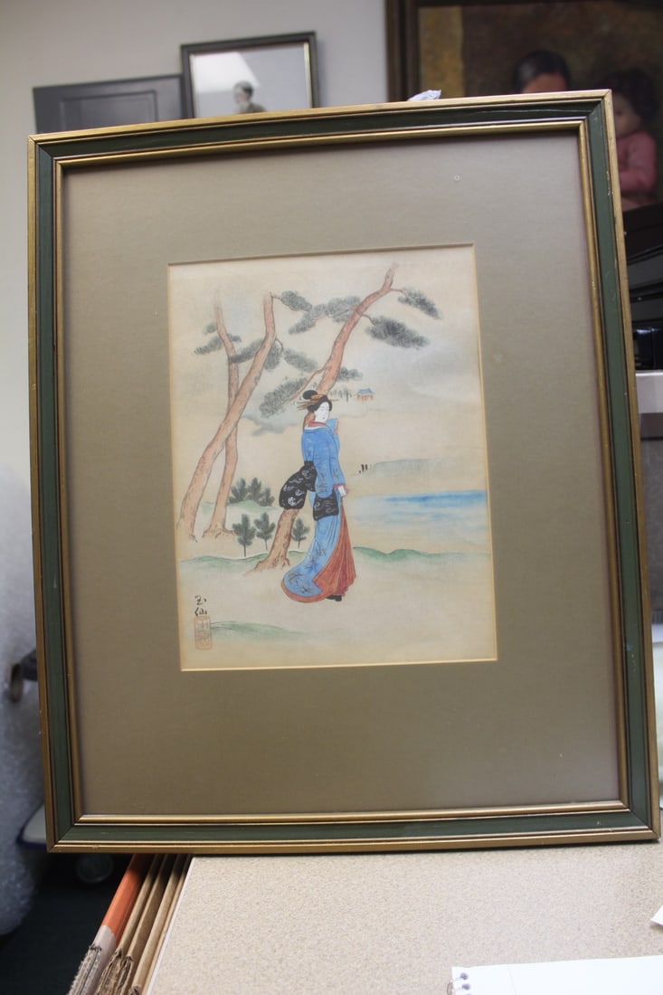 Vintage Japanese Watercolour: signed - framed - overall= 21 3/4" x 17 3/4"