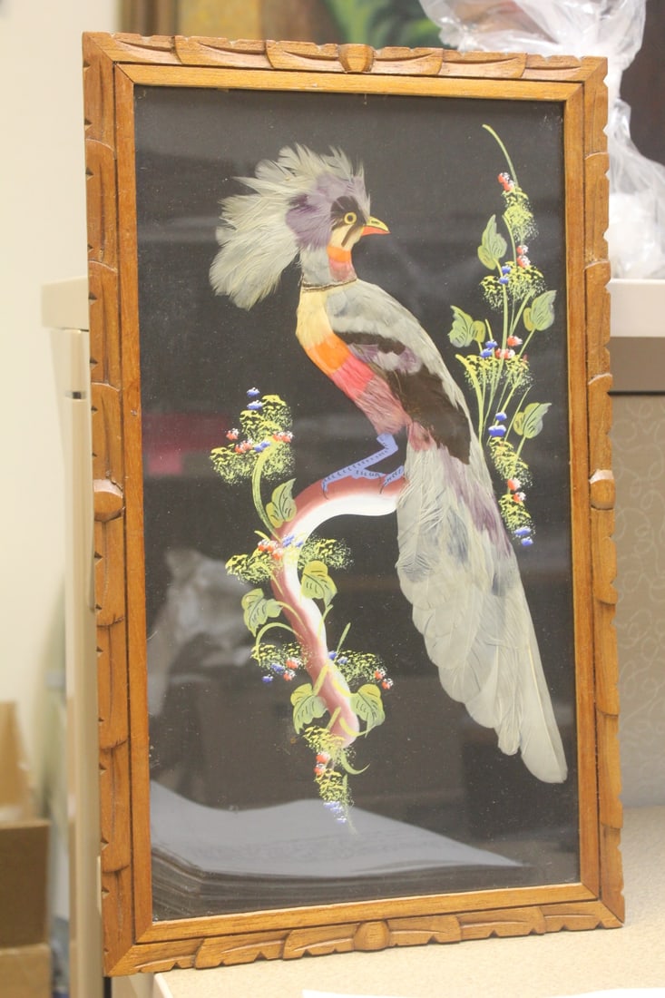 Mexico real feather painting: framed, overall 17 1/2" x 10 1/2" 