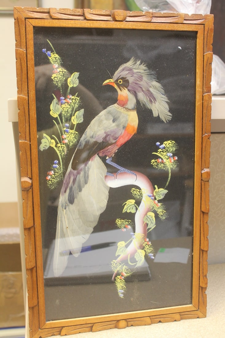 Mexico real feather painting: framed, overall 17 1/2" x 10 1/2" 