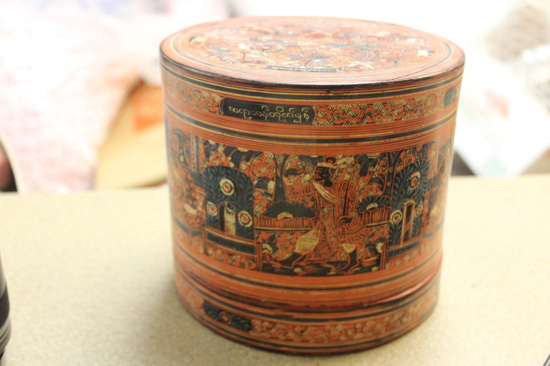 Oriental Antique Lacquer Box: most likely southeast Asia - approximately 100 years old - 5 3/4" tall