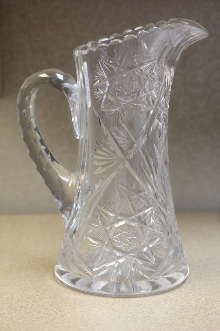 Cut Glass Pitcher: American brilliant cut period - 10" tall - please note: needs cleaning