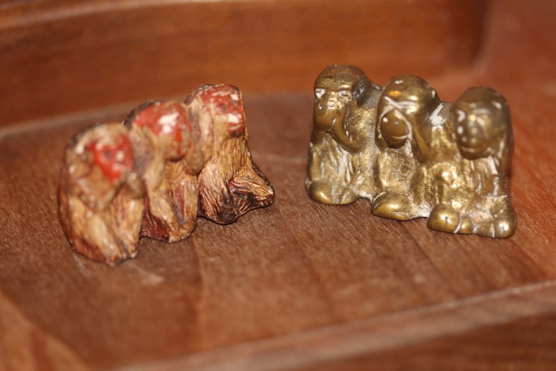 Set of 2 Miniature Evil Monkeys: brass and wood construction