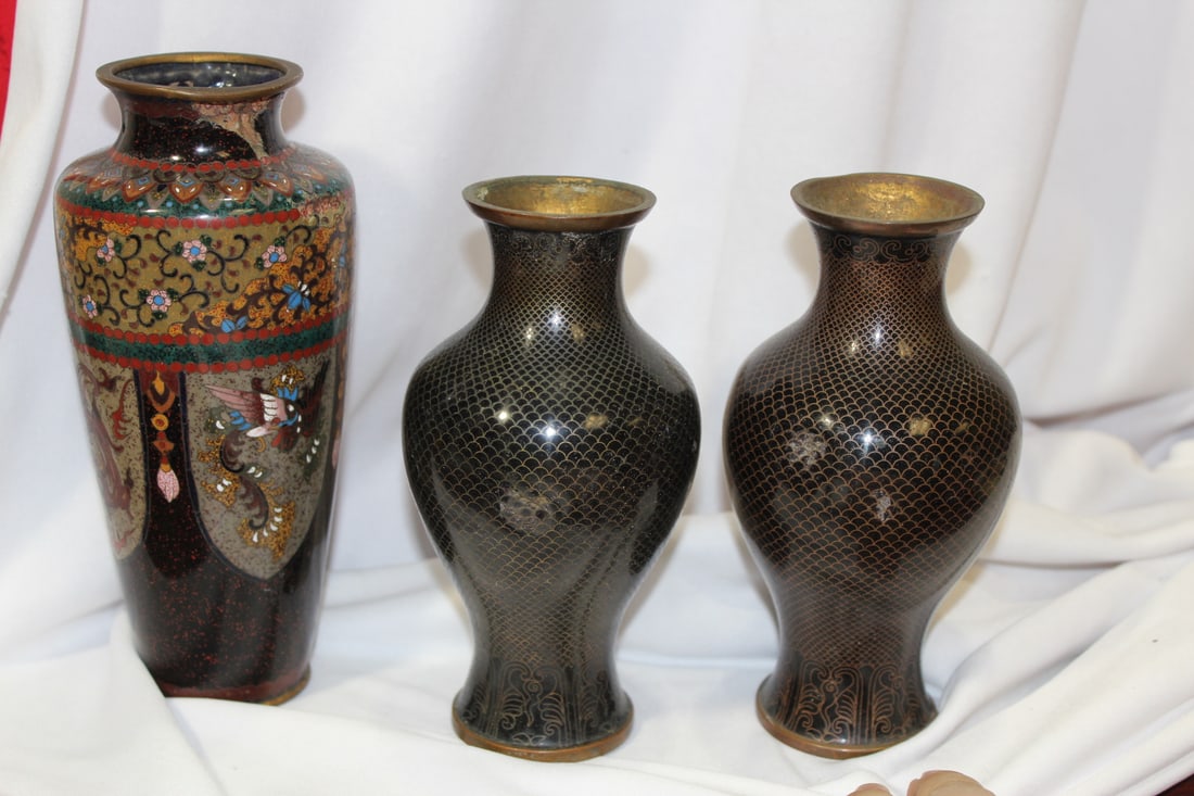 Lot of 3 Cloisonne Articles: tallest= 7 1/4" - all as found - all have dents - 19th to early 20th century