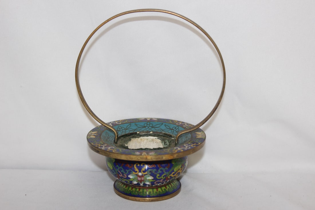 A Cloisonne Candle Holder in the Form of a Basket: approximately 4" across - unusual - looks to be old - most likely early 20th century