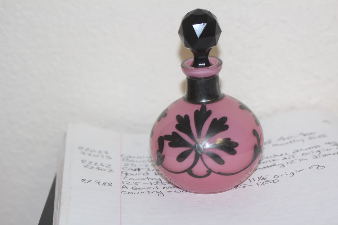 Silver Overlay Art Glass Parfume Bottle: 5 inches tall