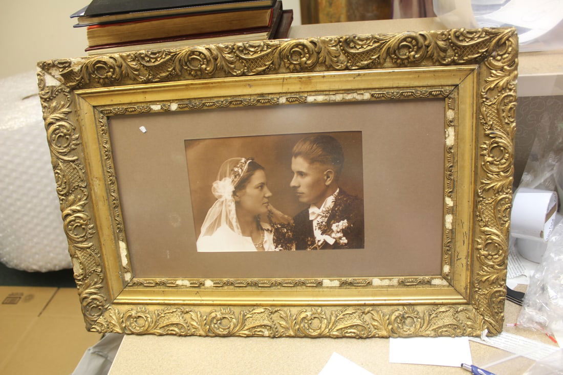 Photograph of a Wedding Couple: antique frame - please note: frame needs some tlc as shown - overall= 24 3/8" x 16 1/4" - sight= 9 3/8" x 6 1/4"