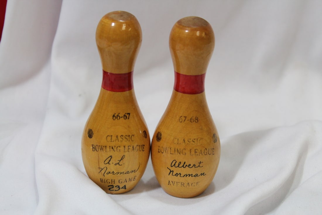 Lot of 2 Commemorative Wooden Bowling Pins: 4 1/8" tall each