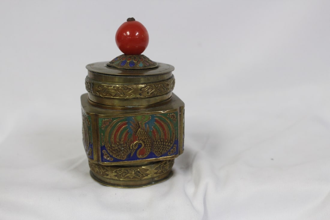 A Brass Trinket Box: enamel - marked China - 4 1/2" tall