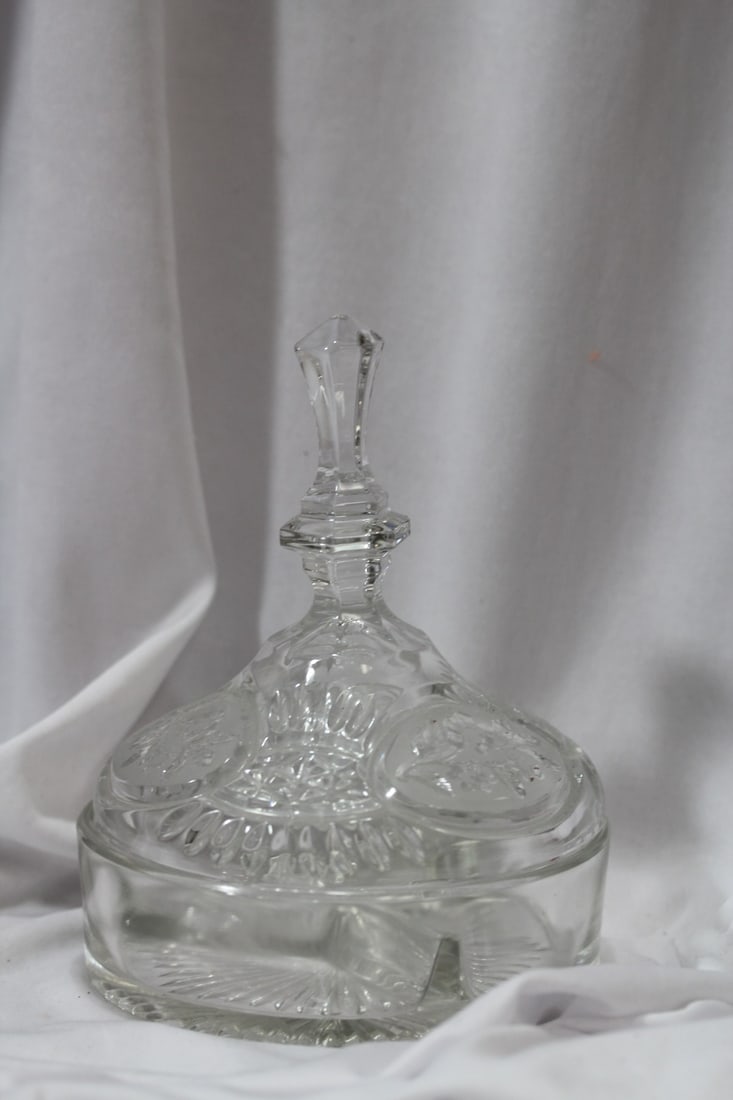 Pressed Glass Bowl with Lid: overall= 7 1/4" tall
