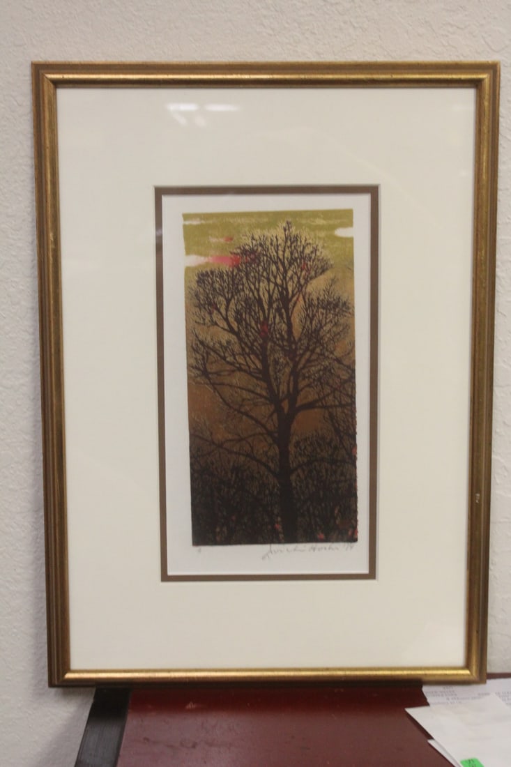 Japanese Woodcut Print: by Joichi Hoshi - framed and signed - overall= 18 1/4" x 13" - sight= 10 3/4" x 5 5/8"