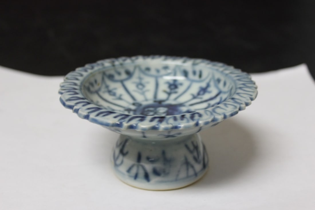 A Blue and White Antique Altar Dish: Porcelain - either Chinese/Korean/Asian - looks to be 19th century - 4 1/2" in diameter